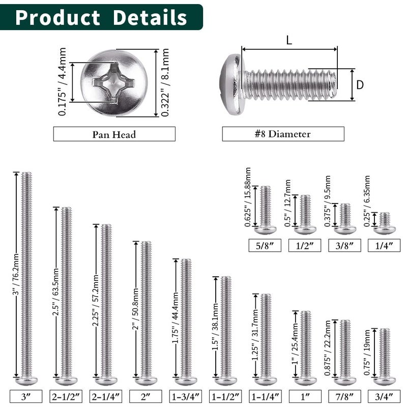 EASTLO #8-32 x 1/4" Pan Head Machine Screw, Phillips Drive, 304 Stainless Steel 18-8, Bright Finish, Fully Machine Thread, 100 Pcs - Image 4